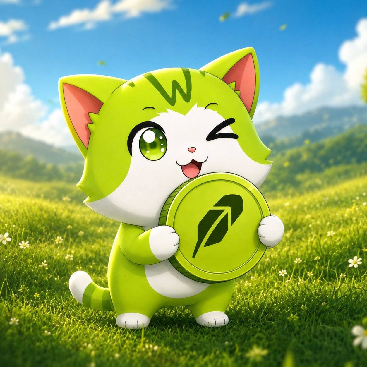 Wen Cat holding a green coin in a meadow