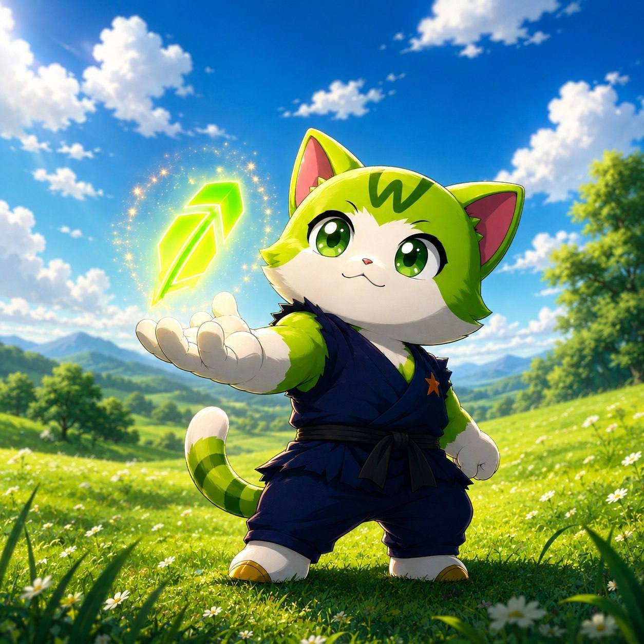 Wen Cat holding a glowing green feather in a sunny field