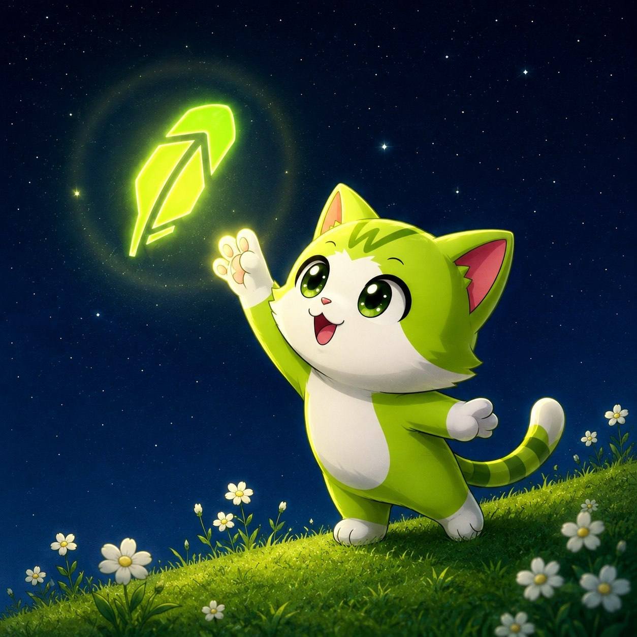Wen Cat reaching for a glowing green feather under a starry sky