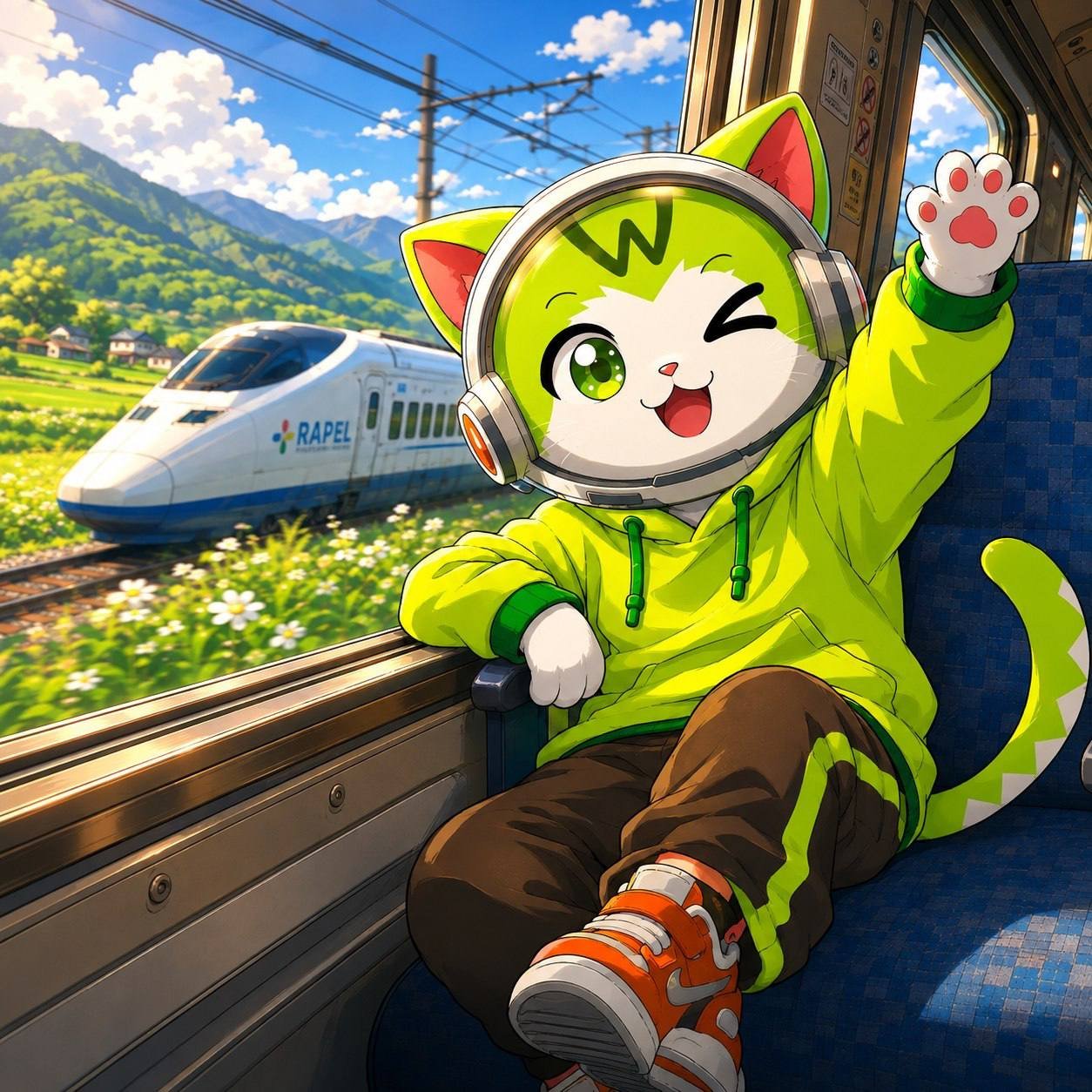 Wen Cat waving from a train seat