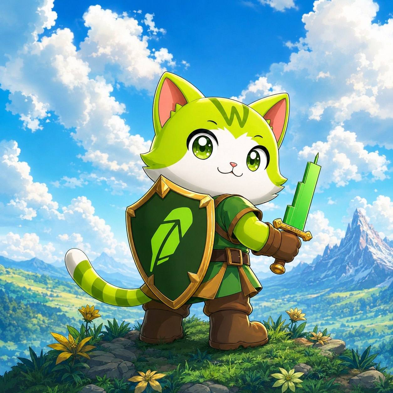Wen Cat holding a shield and green candle sword in the mountains
