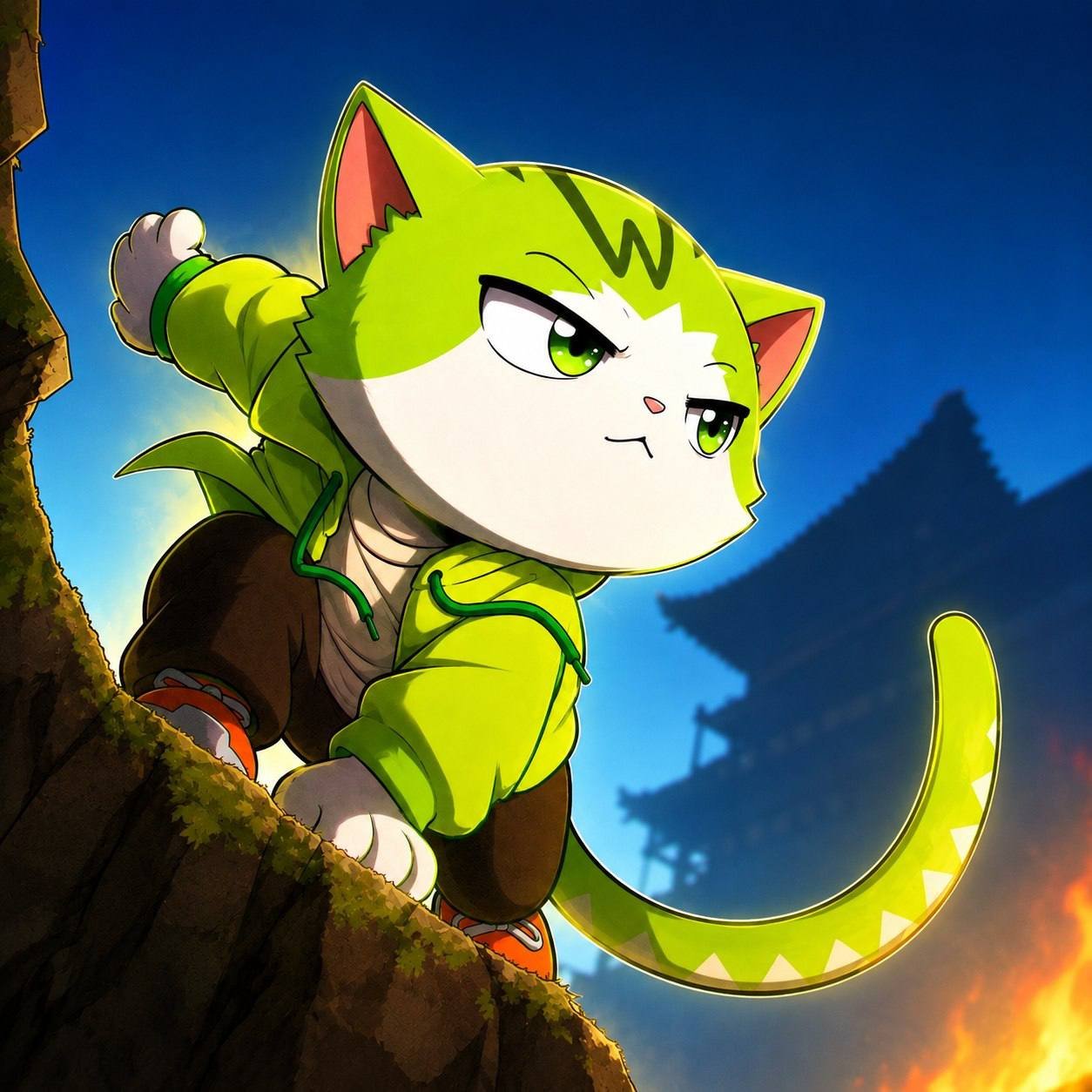 Wen Cat climbing with a determined look at night