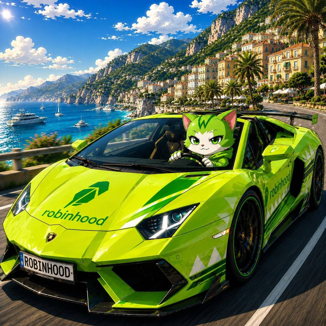 Wen Cat driving a bright green sports car by the coast