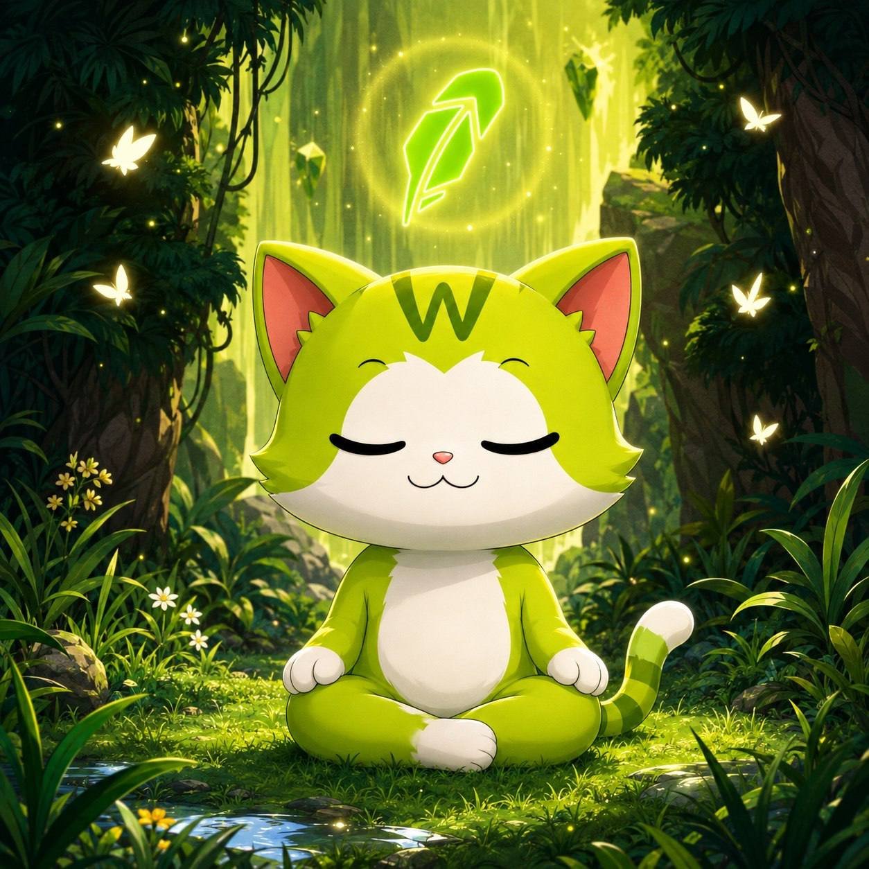 Wen Cat meditating in a glowing forest